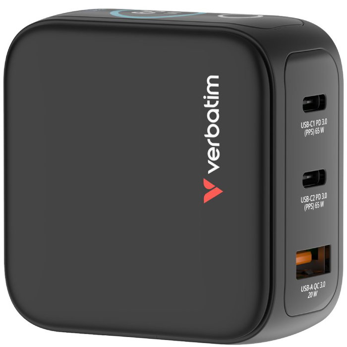 Verbatim Mini GaN Charger 65W con Pantalla (2xUSB-C, 1xUSB-A)